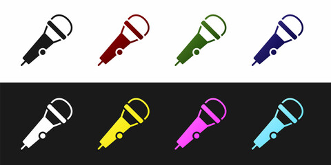 Set Microphone icon isolated on black and white background. On air radio mic microphone. Speaker sign. Vector