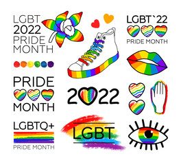 big Set of LGBT Pride Month 2022. LGBT flag brush stroke, logos, symbols and stickers. Human rights and tolerance. Vector illustration isolated on white background.