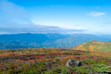 Fototapeta premium 宮城県栗原市、秋田県湯沢市、雄勝郡東成瀬村、岩手県一関市にある栗駒山を紅葉の時期に登山する風景A view of climbing Mt. Kurikoma in Kurihara City, Miyagi Prefecture, Yuzawa City, Akita Prefecture, during the autumn foliage season.