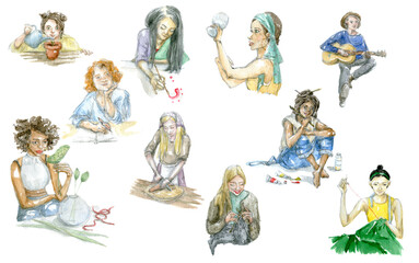 Set of womens characters hand-drawn by watercolor, isolated on white background. Art image of people hobby, profession, lifestyle. Knitter, embroiderer, cook, bartender, florist, gardener, musician