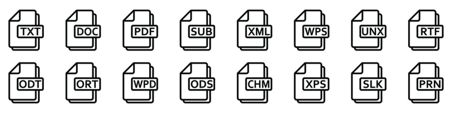 Text file formats icon. Set of line icons of different text documents. Text file documents. Vector illustration.