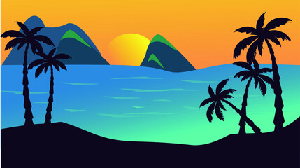 Fototapeta na wymiar beach and palm trees. illustration of the sea, postcard.
