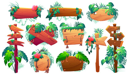 Wooden signboards in jungle, plank and pointers with green leaves and lianas. Vector cartoon set of wood panels, timber boards and direction signs with plants in forest isolated on white background - obrazy, fototapety, plakaty