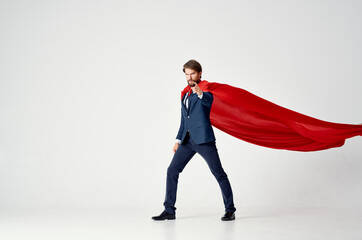 business man in suit red cloak work power superman