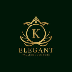 letter K elegant leaves and crown crest vector logo design