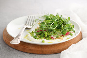 Vegan healthy salad made microgreen sprouts peas, quinoa, radish, mint and yogurt 
