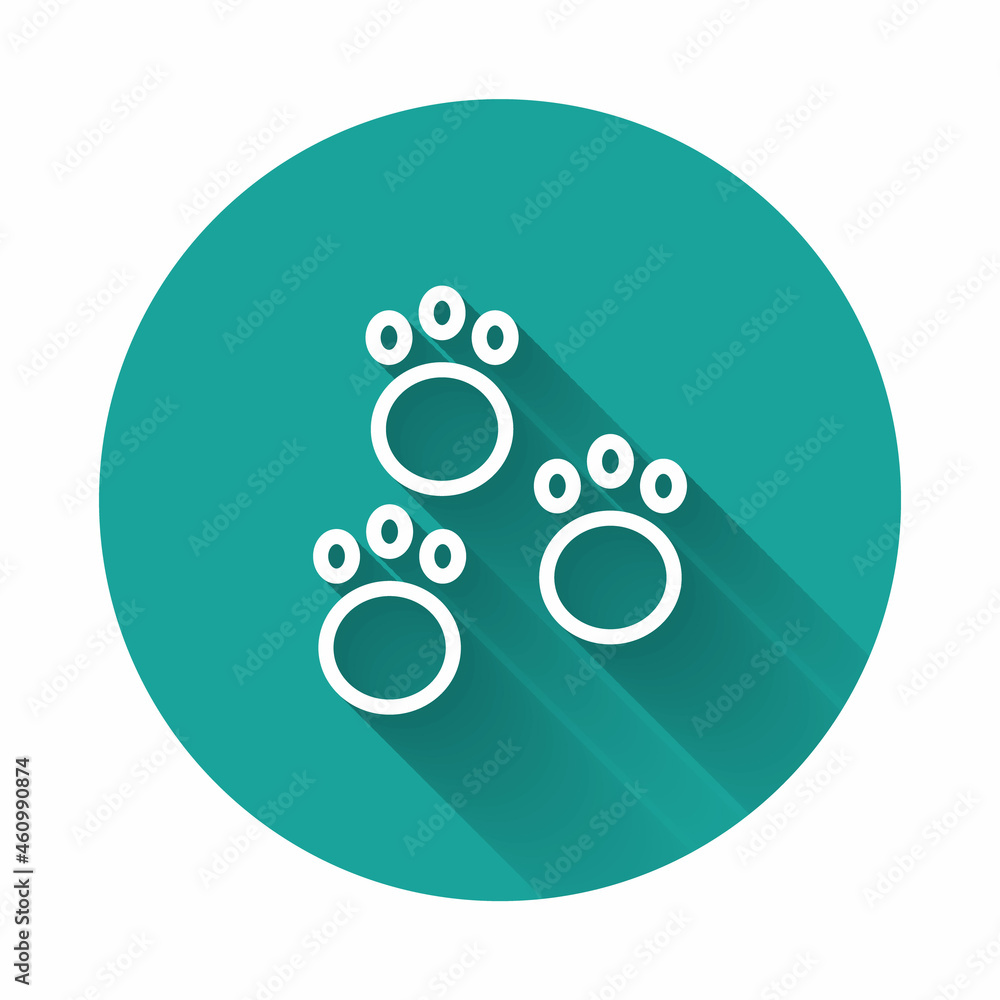 Poster white line paw print icon isolated with long shadow. dog or cat paw print. animal track. green circl