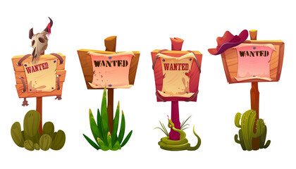 Wanted signs or banners, wild west announcement on parchment hang on wooden board with cowboy hat, animal skull, snake and cacti on wood poles. Western billboard for criminal search Cartoon vector set