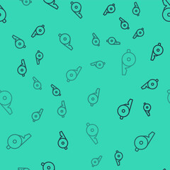 Black line Whistle icon isolated seamless pattern on green background. Referee symbol. Fitness and sport sign. Vector