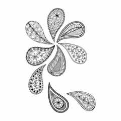 Composition of paisley doodle elements, simple hand drawing, black and white vector image