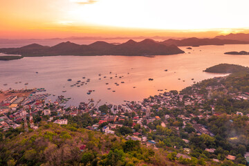 Aerial view in Coron Island, Palawan, Philippines. Looking over Coron Town and Bay at Sunset.