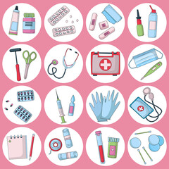 First aid kit, Equipment and medicines for emergency medical care, gloves, ointment, thermometer, patch, ampoule, syringe, tablets.