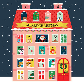 Cute Christmas house style advent calendar. Flat vector cartoon design