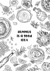 Hummus flyer template illustration. Hand drawn illustration. Pieces of hummus design template. Design element for poster, menu, flyer, banner, menu, package.
