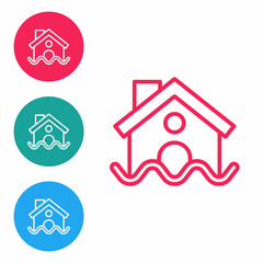 Red line House flood icon isolated on white background. Home flooding under water. Insurance concept. Security, safety, protection, protect concept..