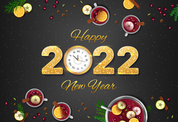 2022 Merry Christmas and Happy New Year Greeting Background. Winter traditional drink punch in a bowl and cups, oranges, apples, spices, cardamom, cinnamon, anise, berries on a black table. 