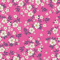 Seamless vintage pattern. Wonderful white flowers, dark blue leaves on a bright pink background. vector texture. trend print for textiles and wallpaper.