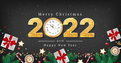 Fototapeta na wymiar 2022 Merry Christmas and Happy New Year Greeting flyer. Winter Elements fir branches, paper gifts boxes, cup of coffee, cookies, sweets, ribbons in the frame of garlands. Black background.