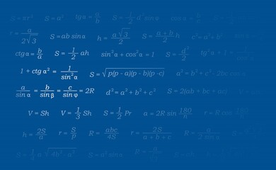 Background for a geometry presentation. Geometry equations. Vector illustration of geometric equations arranged on a blue background with variable illumination.