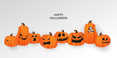 Halloween Paper art Party poster. Set pumpkins of Collection Scary and funny Carnival Background concept design