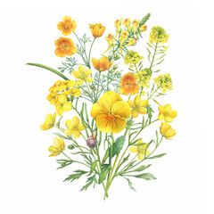 Bouquet with yellow field eschscholzia, wallflower, snapdragon, viola, mustard flowers. Watercolor hand drawn painting illustration isolated on white background