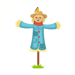 Scarecrow in a striped coat and hat. Flat design vector illustration. Kids concept