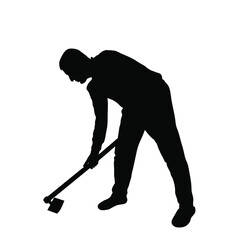 Gardener working soil with hoe in garden vector silhouette  illustration. Man digging earth. Farmer put the seed of plant in the ground. Digger worker mining with hand tool. Manual farming outdoor.