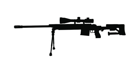 Sniper rifle vector silhouette illustration isolated on white background. Powerful deadly weapon with optic for long distance shooting.