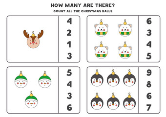 Counting game with Christmas balls. Educational worksheet.