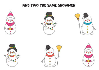 Find two identical Christmas snowmen. Educational game for preschool children.
