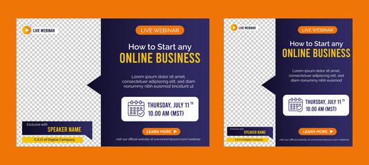 Online Business live webinar banner invitation and social media post template. Business webinar invitation design