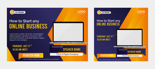 Online Business live webinar banner invitation and social media post template. Business webinar invitation design
