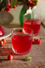 Glass glasses with red liquid are on a wooden table, next to red berries