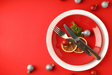 New Year table setting on red ​background