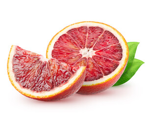 Isolated blood oranges. Half of red orange fruit and a piece with leaves isolated on white background with clipping path