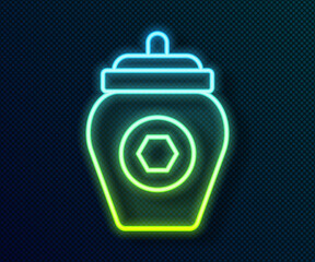 Obraz premium Glowing neon line Jar of honey icon isolated on black background. Food bank. Sweet natural food symbol. Vector
