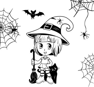 witch with black cat vector. witch holding a broom. bat silhouette. spider web frame. black cat and witch. anime witch. game character witch. witch sketch. vector. eps