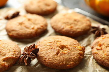 Fototapeta na wymiar Concept of tasty food with pumpkin cookies, close up