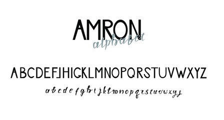 Sans serif font, capital letters. Script, lowercase.