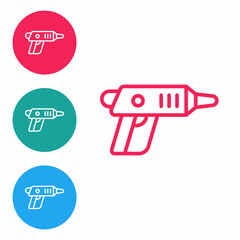 Red line Electric cordless screwdriver icon isolated on white background. Electric drill machine. Repair tool. Set icons in circle buttons. Vector