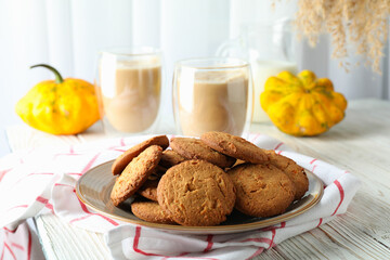 Concept of tasty food with pumpkin cookies, close up