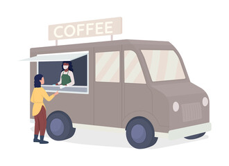 Buying coffee from van semi flat color vector character. Talking figures. Full body people on white. Fall activity isolated modern cartoon style illustration for graphic design and animation