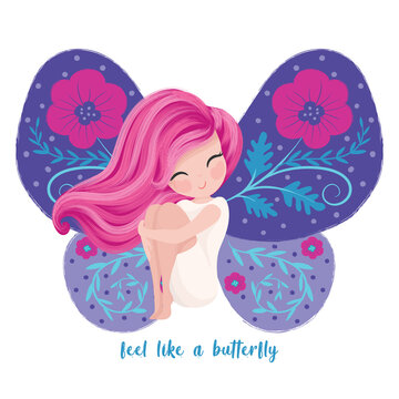 Cute girl with butterfly wings, illustration for kids artwork