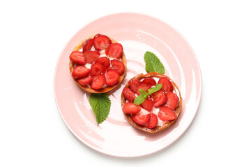 Plate with strawberry tarts isolated on white background