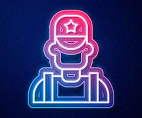 Glowing neon line Sheriff cowboy hat with star badge icon isolated on blue background. Police officer. Vector