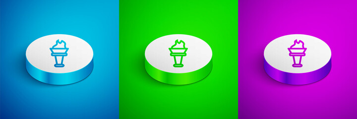 Isometric line Torch flame icon isolated on blue, green and purple background. Symbol fire hot, flame power, flaming and heat. White circle button. Vector