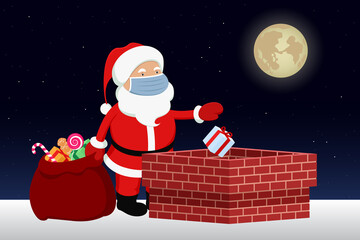 Santa Claus in mask throwing gifts into chimney. Vector illustration.
