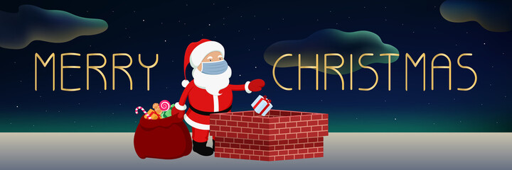 Christmas card. Santa in mask throwing presents into chimney. Vector illustration.
