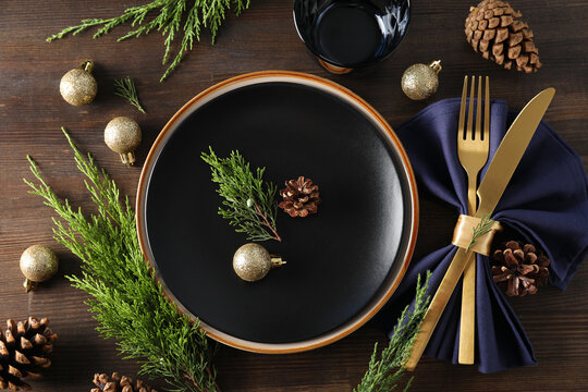 New Year table setting on wooden background