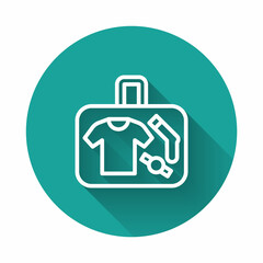 White line Suitcase for travel icon isolated with long shadow background. Traveling baggage sign. Travel luggage icon. Green circle button. Vector